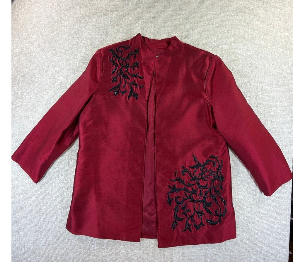 Victor Costa Women's Large Red Black 100% Silk Beaded Embroidered Evening Jacket
